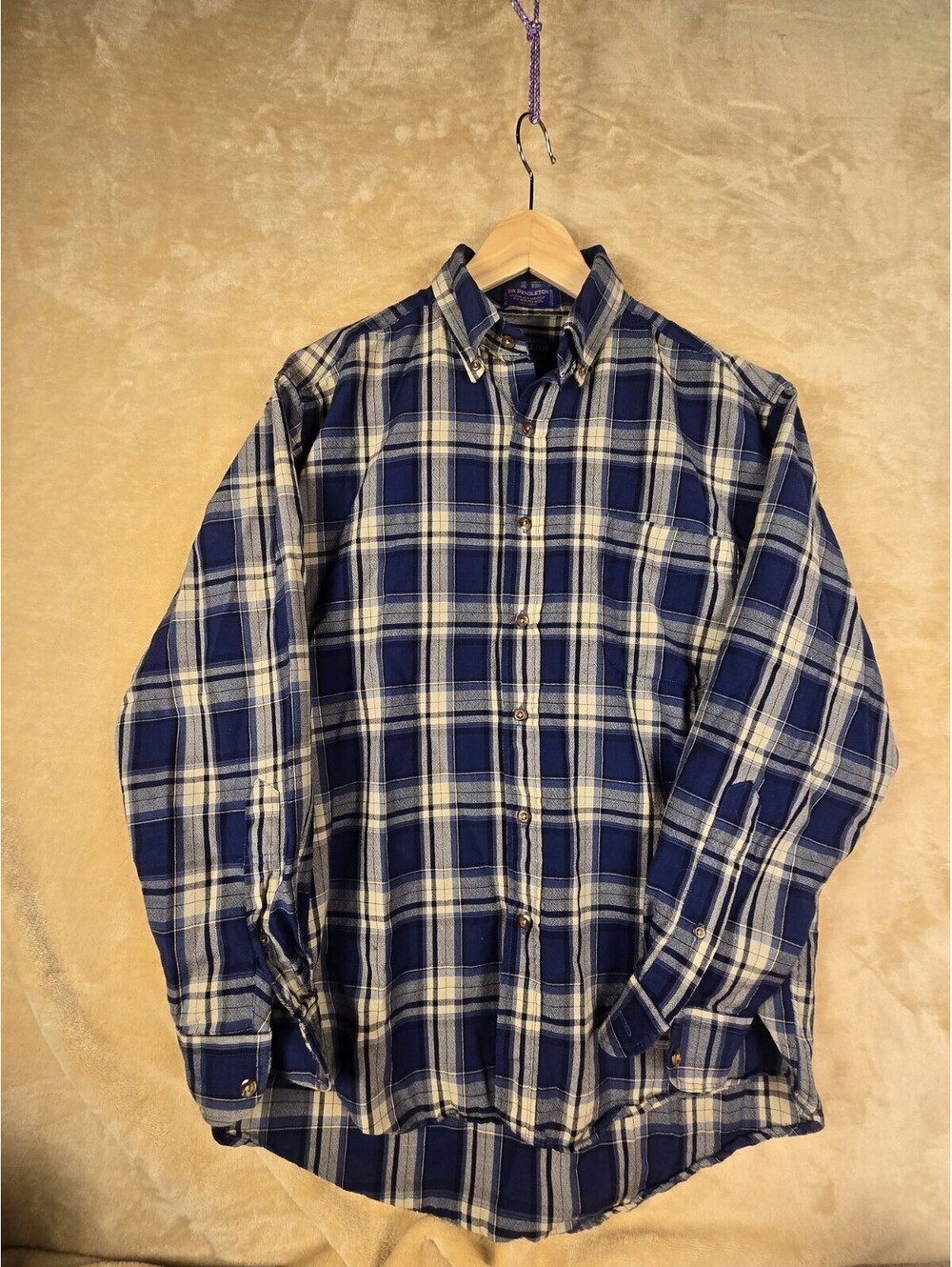 Vtg USA Made Pendleton Plaid Flannel 100% Wool Tan Blue Size Medium